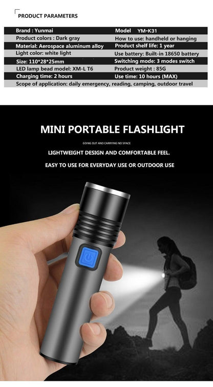 Built in battery XP-G Q5 Zoom Focus Mini led Flashlight Torch Lamp Lantern 2000 Lumen Adjustable Penlight Waterproof T6 light  Focus IP65 Water-Resistant Portable for Indoor and Outdoor Camping Hiking